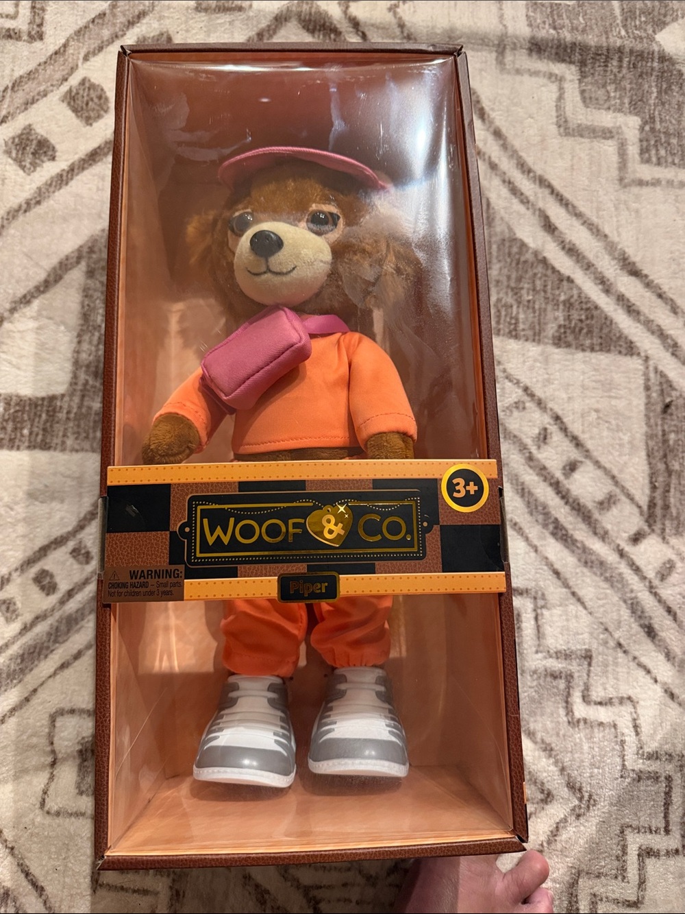 Woof & Co. Piper Plush Dog Doll in Orange Outfit with Pink Bag NIB